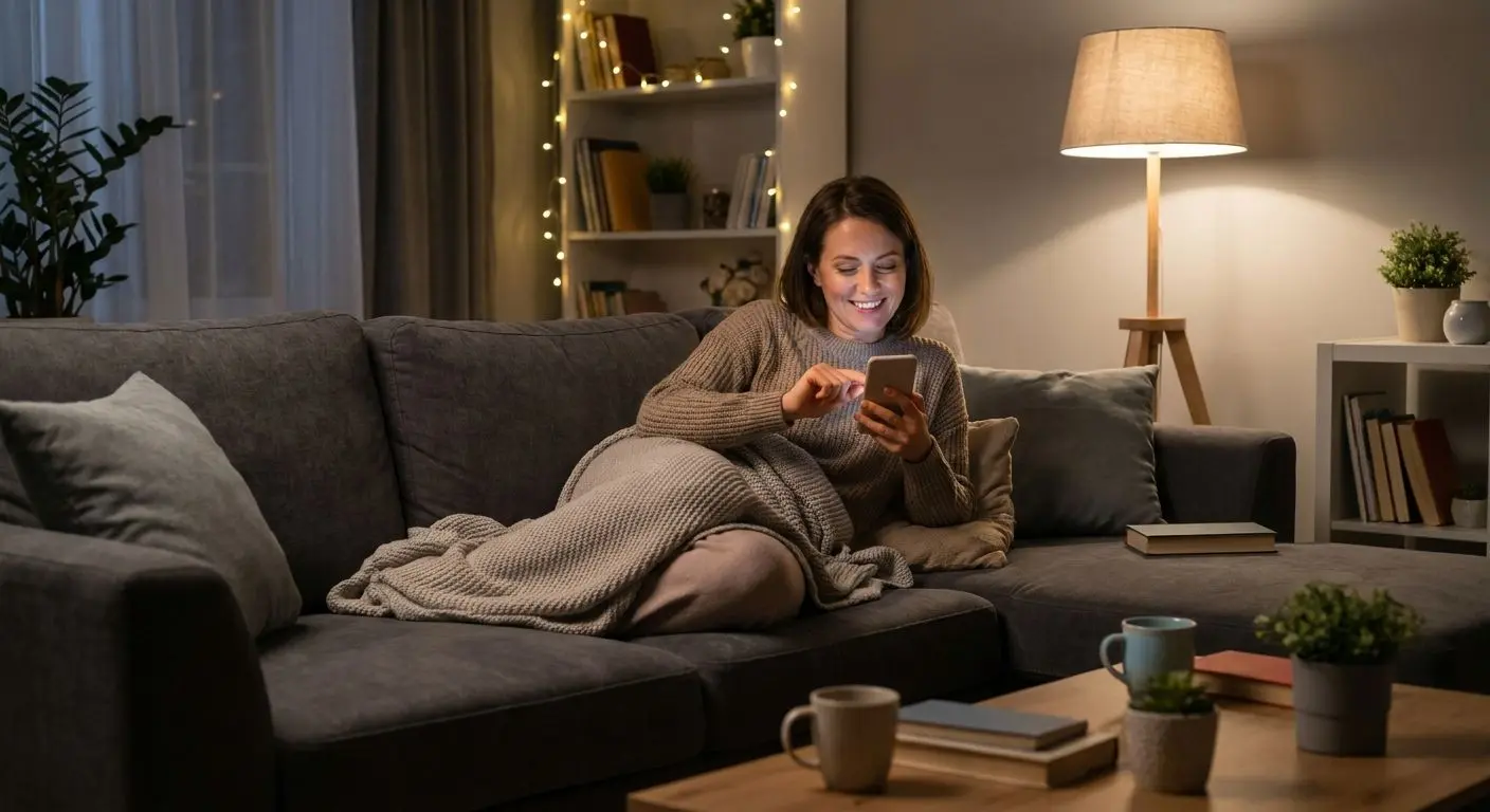 Komfortables mobiles Spielen zuhause und unterwegs Entspanntes mobiles Spielen auf dem Sofa mit Smartphone